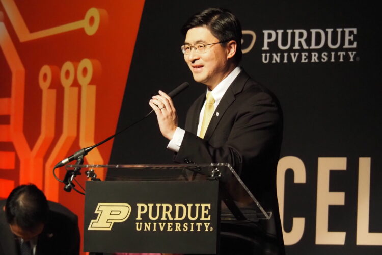 Purdue President Mung Chiang speaks at a Purdue event.
