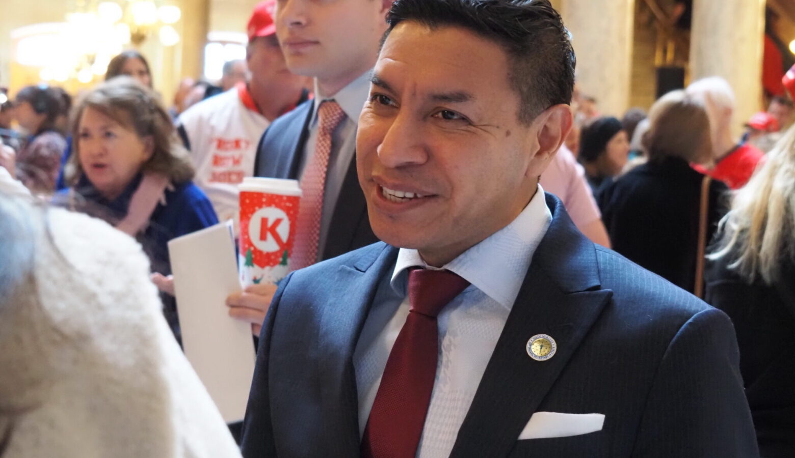 Secretary of State Diego Morales attends a pro-redistricting rally at the Indiana Statehouse in late 2025.