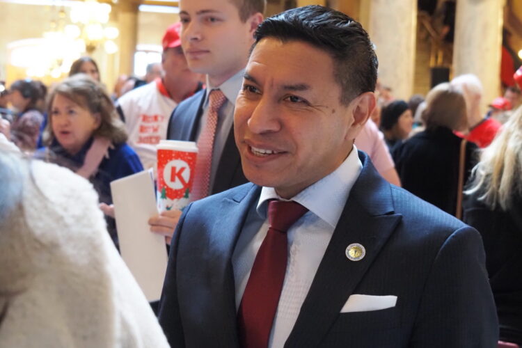 Secretary of State Diego Morales attends a pro-redistricting rally at the Indiana Statehouse in late 2025.