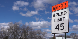 A speed limit sign reads Work Zone Speed Limit 45.