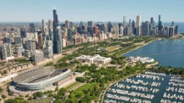 The skyline of Chicago, seen from above, includes the current stadium of the Chicago Bears.