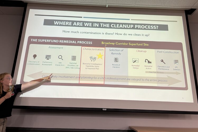 A woman points to a projection displaying an infographic outlining the EPA investigation