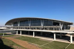 Indianapolis International Airport's Colonel H. Weir Cook Terminal, looking northeast from the airport's parking structure.