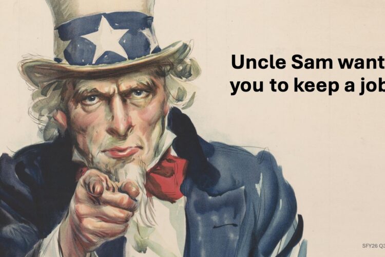 In a screenshot from an FSSA presentation, the Uncle Sam character points to the viewer. Words have been added that read Uncle Sam wants you to keep a job.