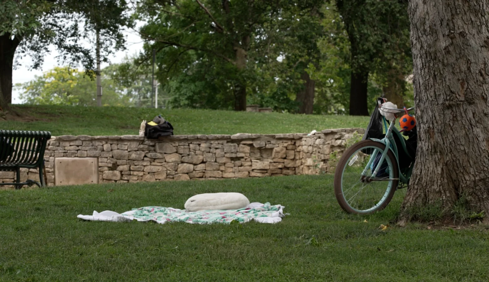 A blanket and pillow lay in the grass at a public park in Bloomington. Next to the blanket, a bicycle leans against a tree.