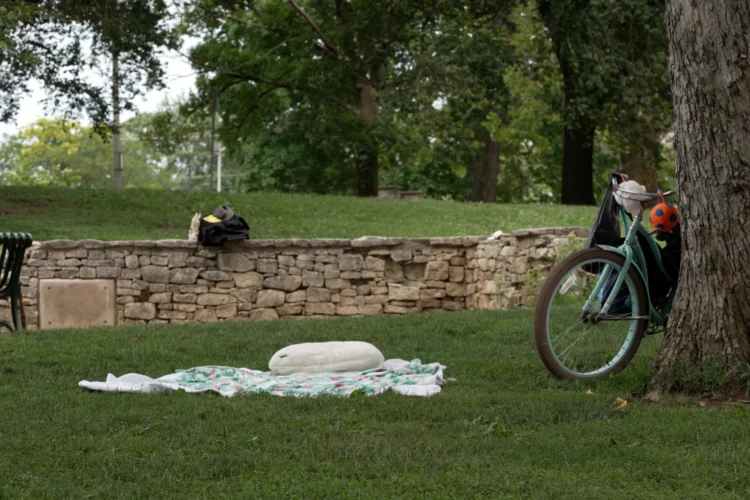 A blanket and pillow lay in the grass at a public park in Bloomington. Next to the blanket, a bicycle leans against a tree.