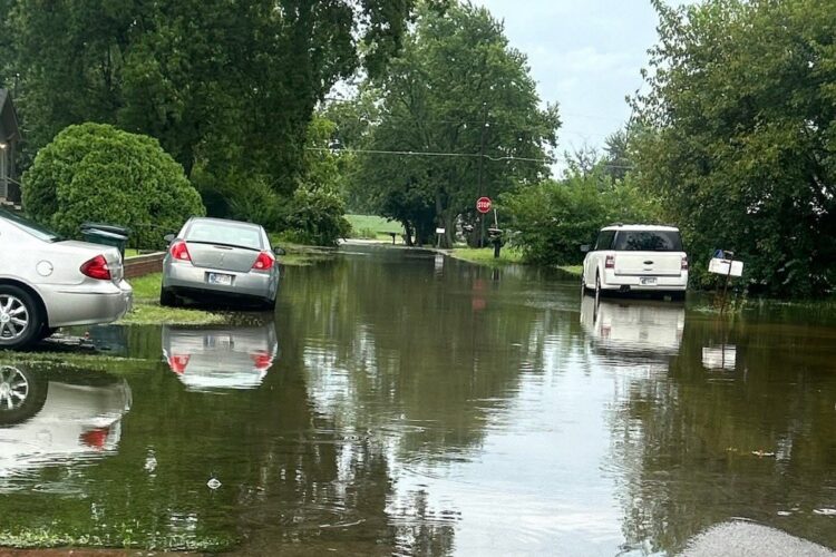 Cars park on grass surrounding a flooded street in Muncie.