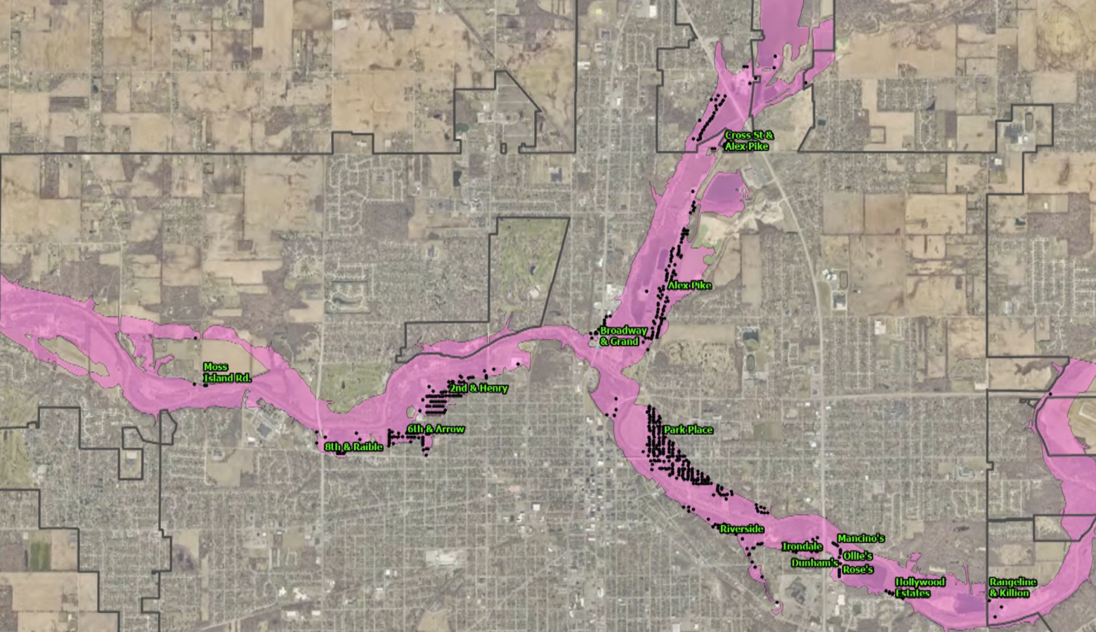 A map of Anderson shows floodplain areas in pink. Black dots identify homes and green labels identify neighborhoods and businesses.