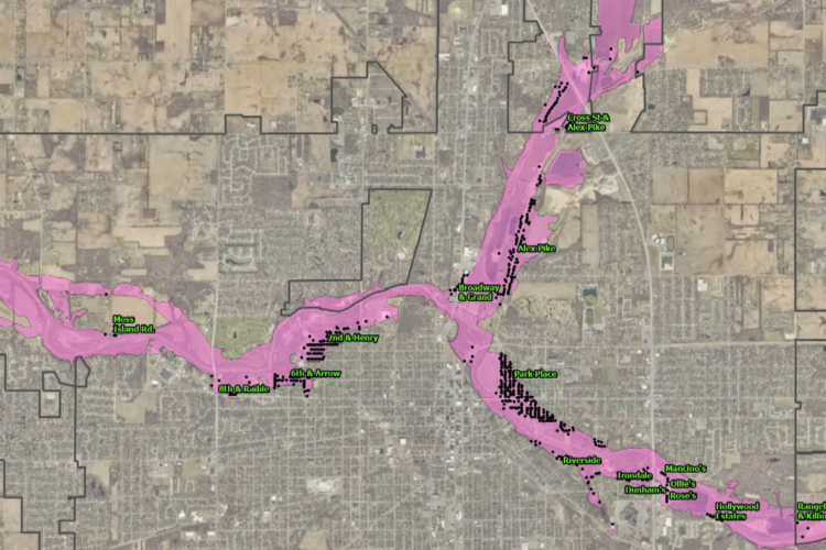 A map of Anderson shows floodplain areas in pink. Black dots identify homes and green labels identify neighborhoods and businesses.