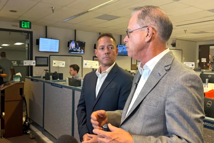 Governor Mike Braun joins state officials in the state emergency operations center to make announcements on flooding help.