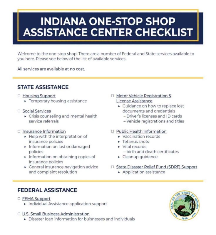 A government flyer listing services available at a temporary disaster relief center, including housing support and information from insurance agencies and public health.