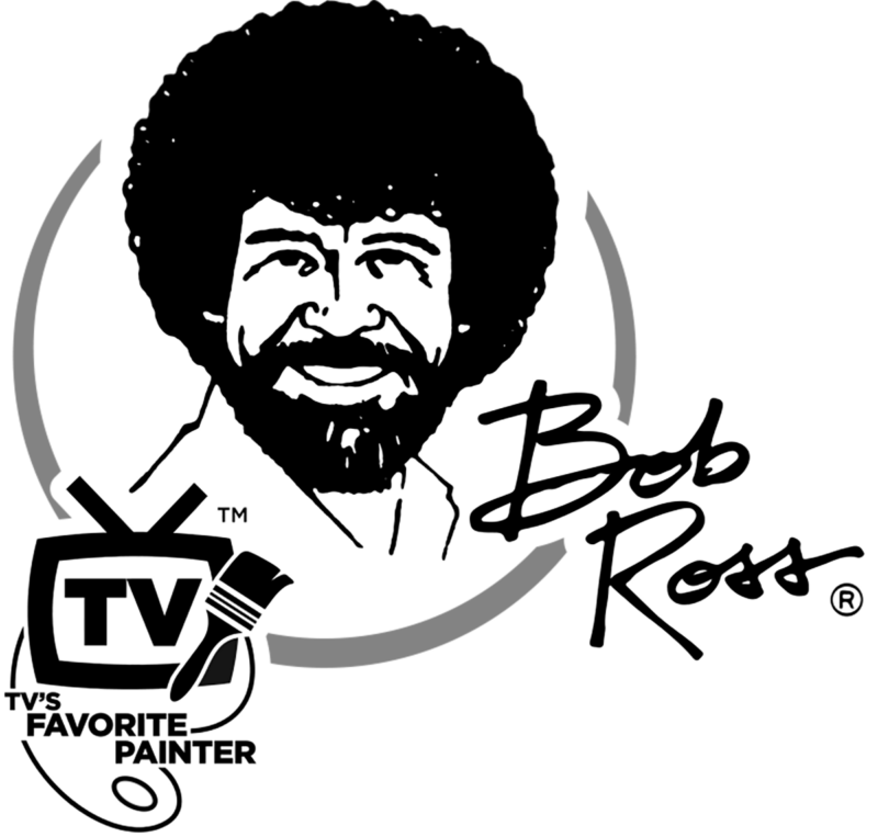 Bob Ross Inc. logo featuring a black and white sketch of Bob's face, his signature, and a small tv with the words TV's Favorite Painter