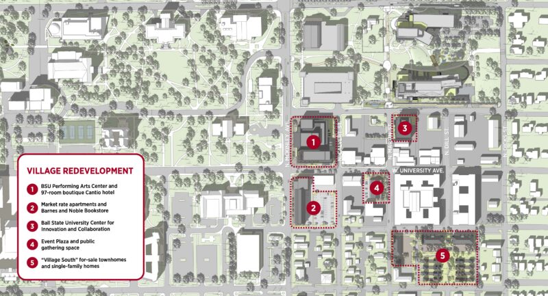 Ball State shows plans for five sites in the Village district next to campus. 