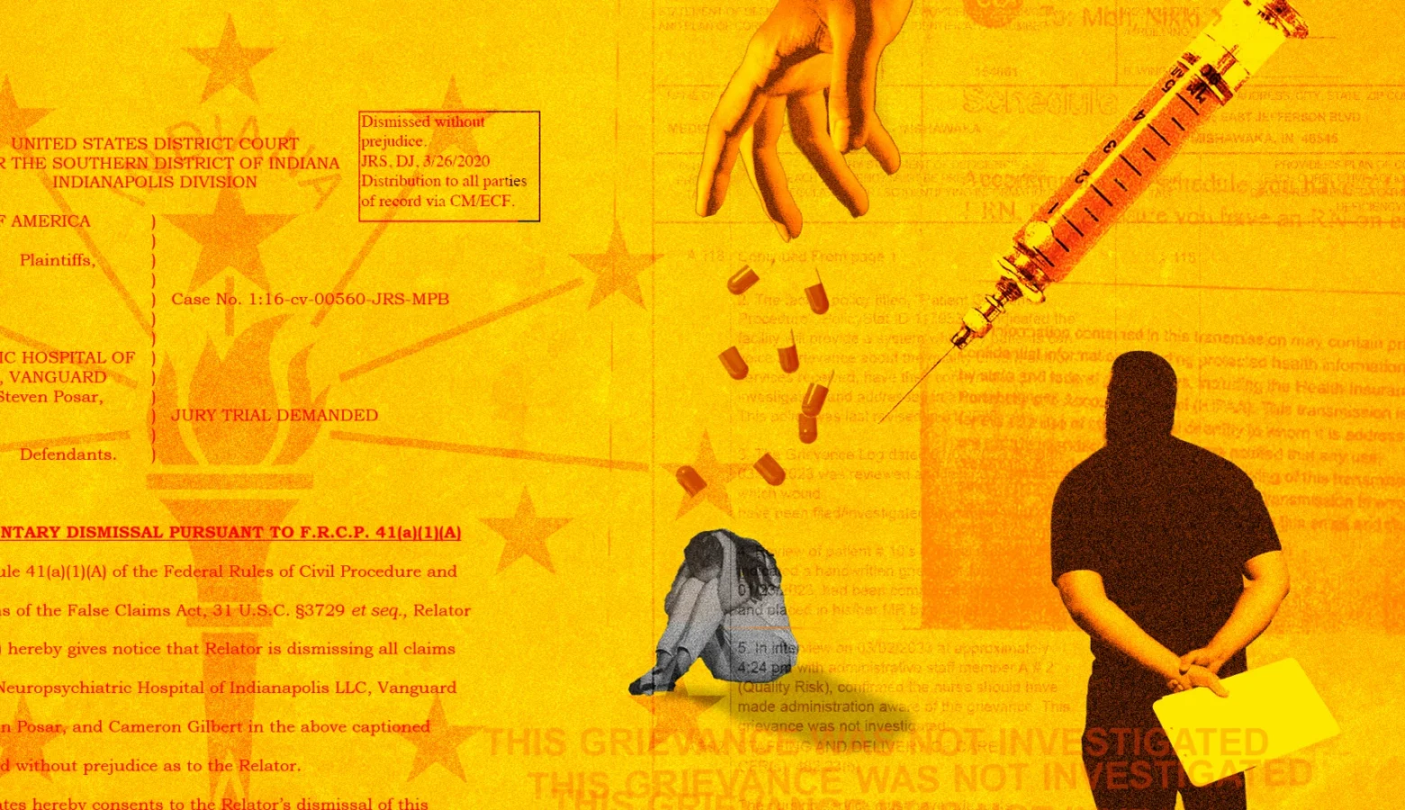 A yellow graphic features a montage of a court document, a hand dropping capsules, a syringe and needle a representation of a patient sitting on the floor with their knees up and their head resting on their knees with their hands folded over their head. A representation of a therapist dressed in black had his back toward us with hands behind his back holding a file.