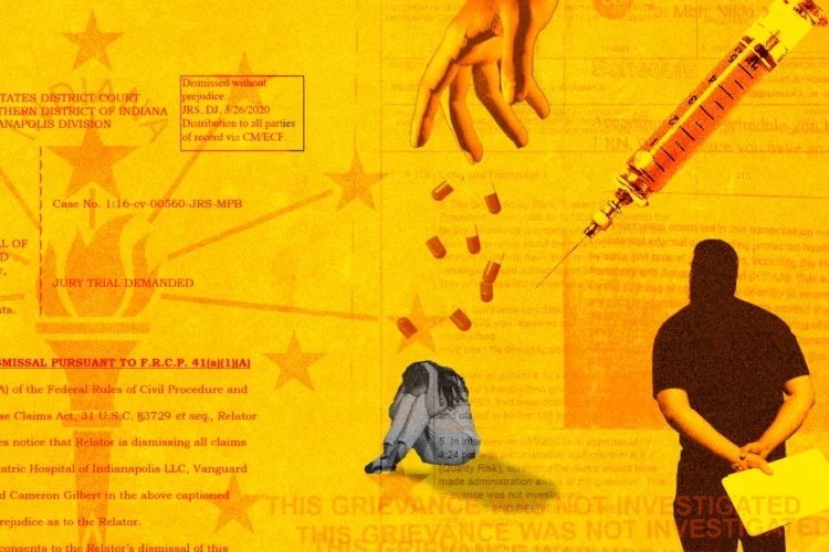 A yellow graphic features a montage of a court document, a hand dropping capsules, a syringe and needle a representation of a patient sitting on the floor with their knees up and their head resting on their knees with their hands folded over their head. A representation of a therapist dressed in black had his back toward us with hands behind his back holding a file.