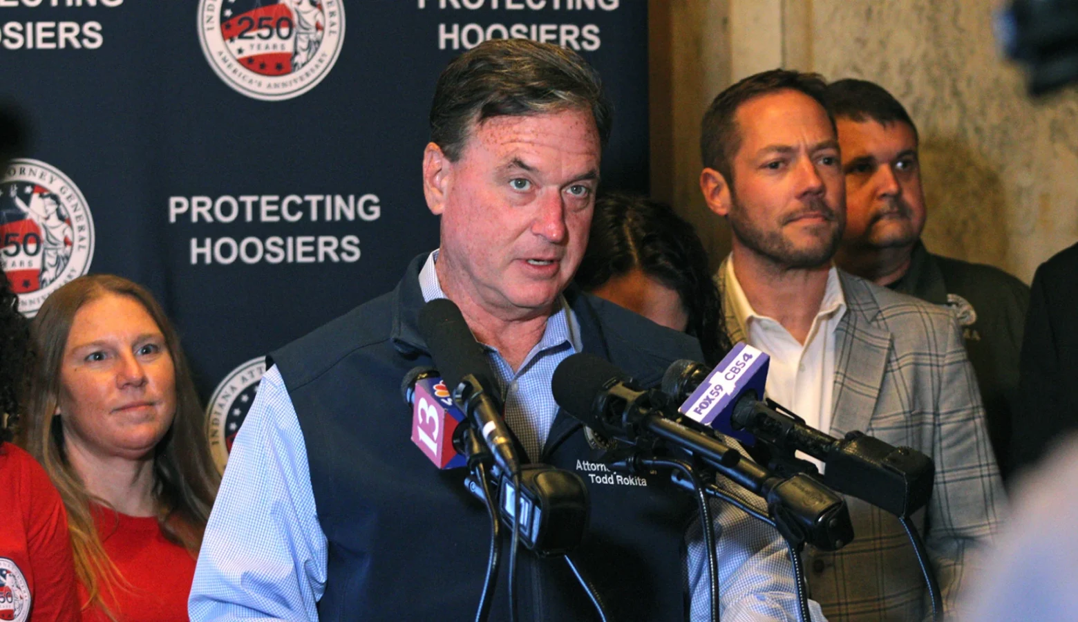 Indiana Attorney General Todd Rokita speaks at a press conference.