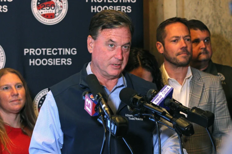 Indiana Attorney General Todd Rokita speaks at a press conference.