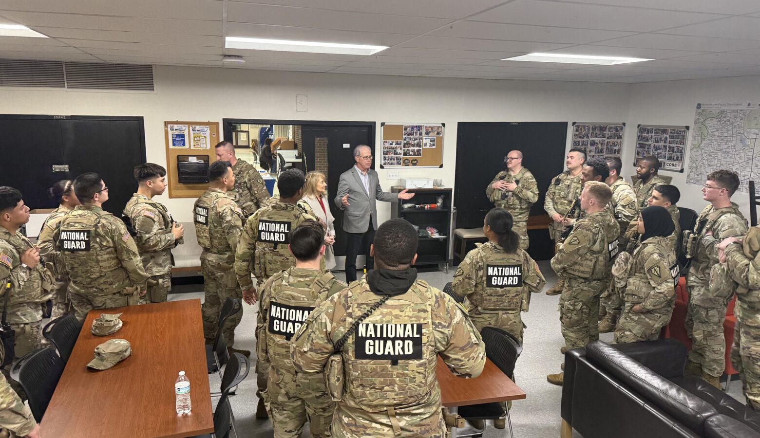 Governor Mike Braun talks to a room full of Indiana National Guard soldiers.
