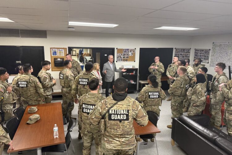 Governor Mike Braun talks to a room full of Indiana National Guard soldiers.