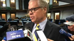 Republican Sen. Ron Alting (R-Lafayette) announced Wednesday he would resign from his office if reelected in November. Alting has served his district for nearly 30 years. He was photographed talking to reporters holding microphones in front of him in the Indiana Senate chamber.