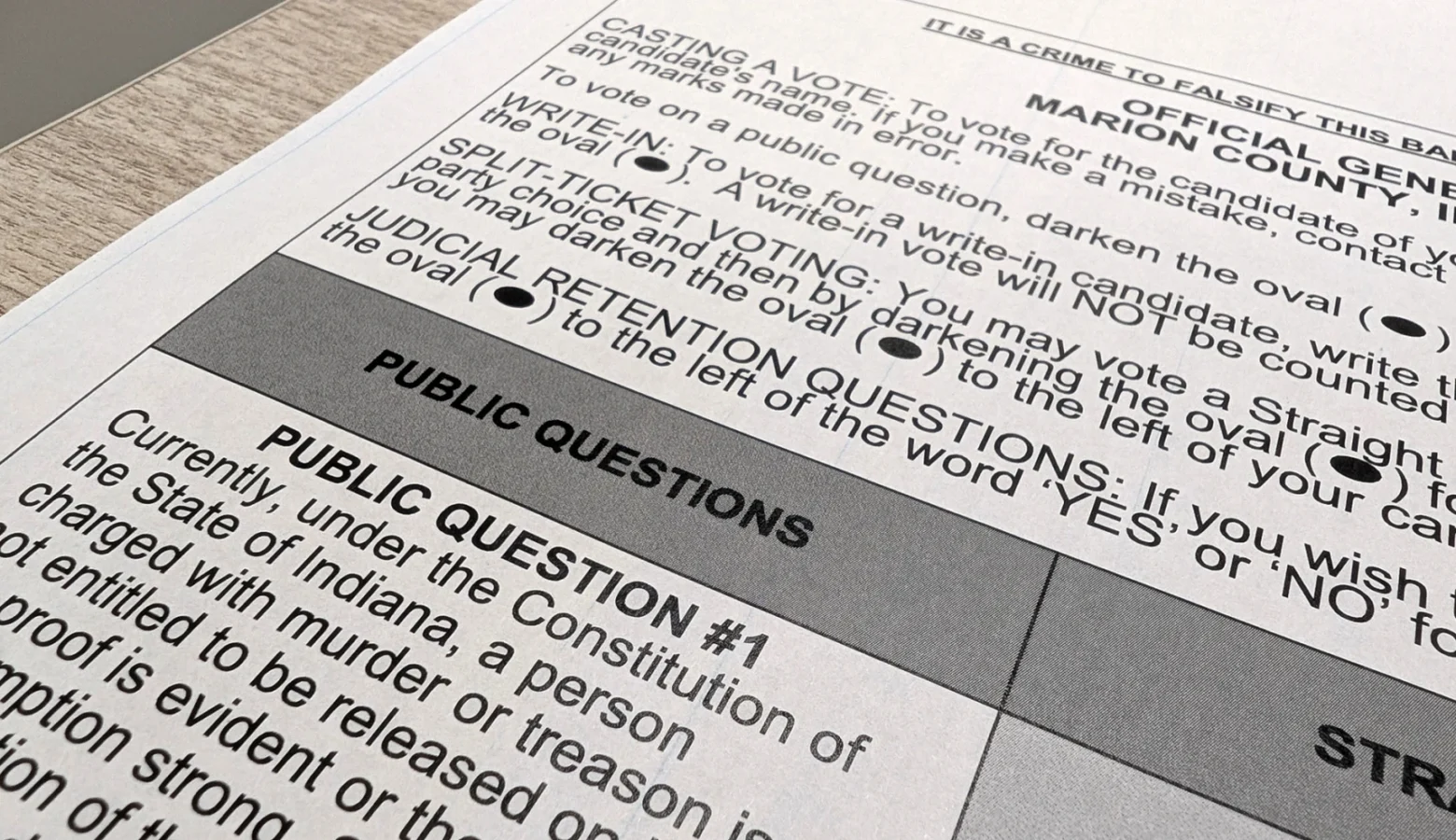 A close-up of an election ballot in Marion County, Indiana.