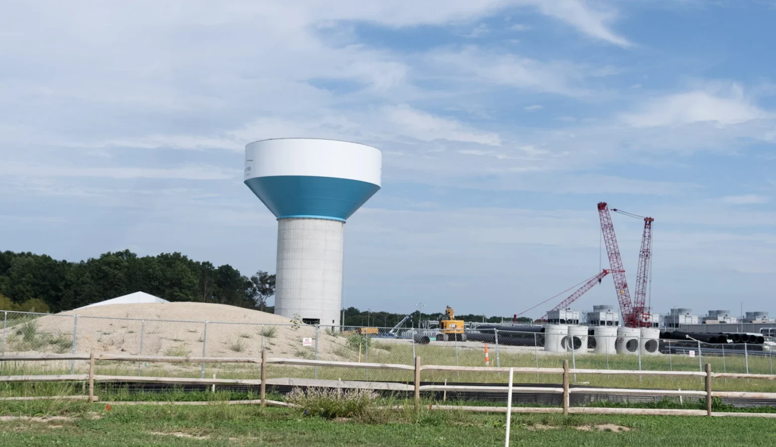 A new water tower is built on the site of a future data center in Fort Wayne.