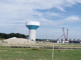 A new water tower is built on the site of a future data center in Fort Wayne.