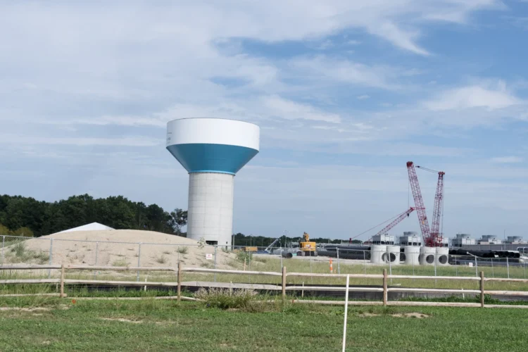 A new water tower is built on the site of a future data center in Fort Wayne.