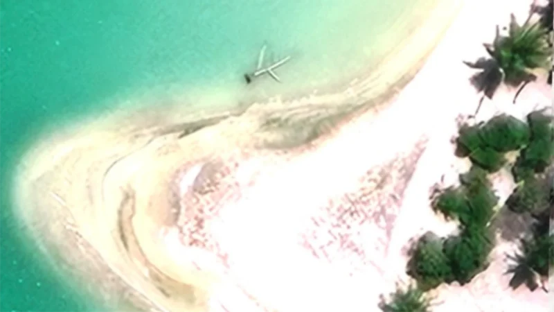 A satellite image shows the Taraia Object in a lagoon on Nikumaroro, a coral atoll in the western Pacific Ocean.